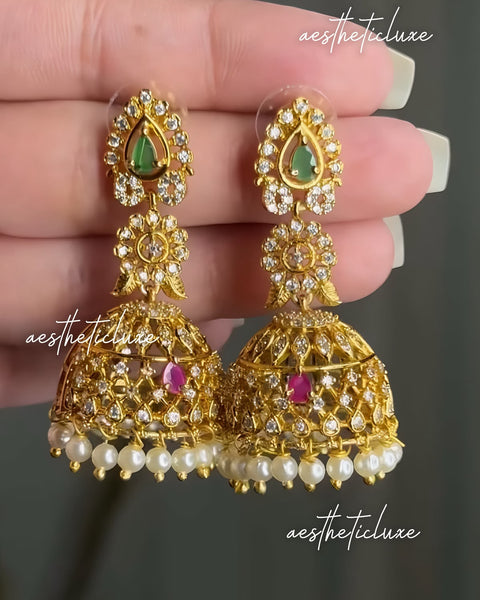 Green Pink CZ Jhumka Earrings | Gold Kundan Bridal Jewelry | Pearl Drop Jhumki | Indian Wedding Earrings | Temple Jewelry | Gift For Her
