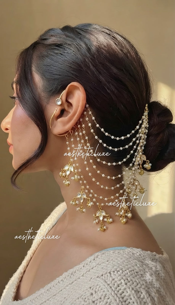 Non-Piercing Kundan Pearl Ear Cuff Sahara Hair Chain | Indian Bridal Bahubali Ear to Bun Chain | Gold Wedding Hair Accessory for Brides Gift