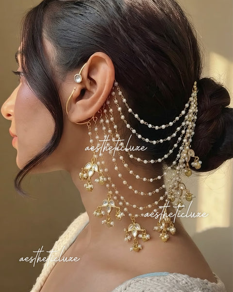 Non-Piercing Kundan Pearl Ear Cuff Sahara Hair Chain | Indian Bridal Bahubali Ear to Bun Chain | Gold Wedding Hair Accessory for Brides Gift