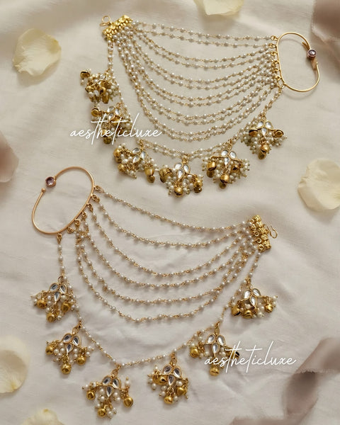 Non-Piercing Kundan Pearl Ear Cuff Sahara Hair Chain | Indian Bridal Bahubali Ear to Bun Chain | Gold Wedding Hair Accessory for Brides Gift