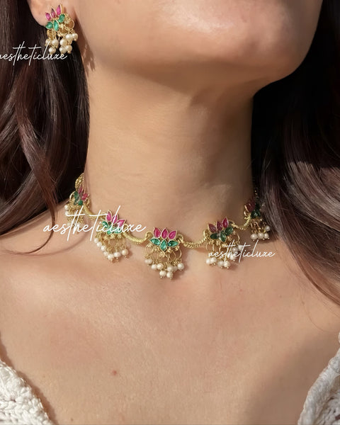 South Indian Temple Jewelry Set | Pink Green Lotus Necklace | Antique Gold Bridal Necklace |  Minimalist Jewelry | Anniversary Gift for Her