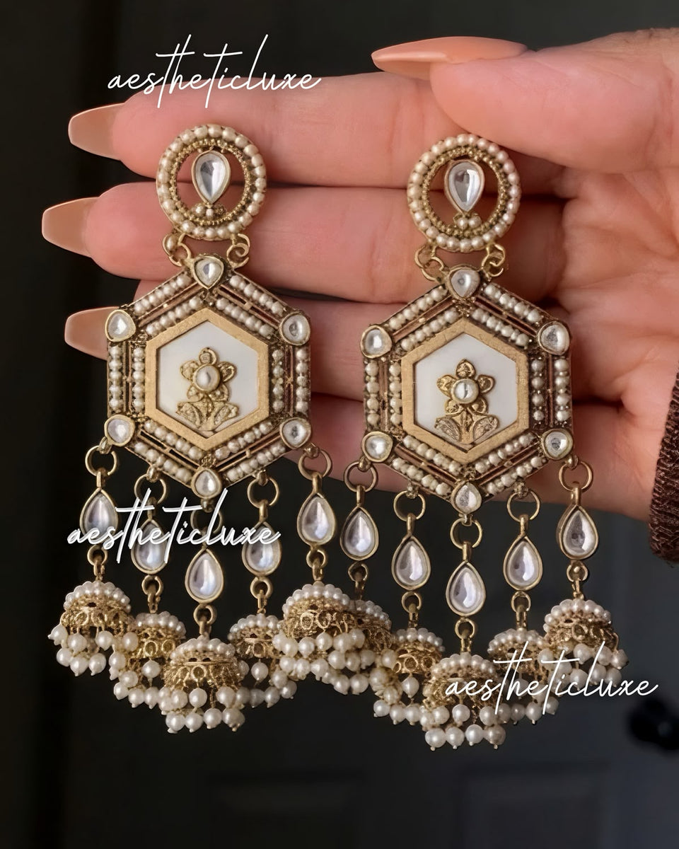 Ivory Pearl Kundan Jhumka Earrings | Antique White Gold Bridal Statement Earrings | White Enamel Earrings | Ethnic Earrings | Gift for her