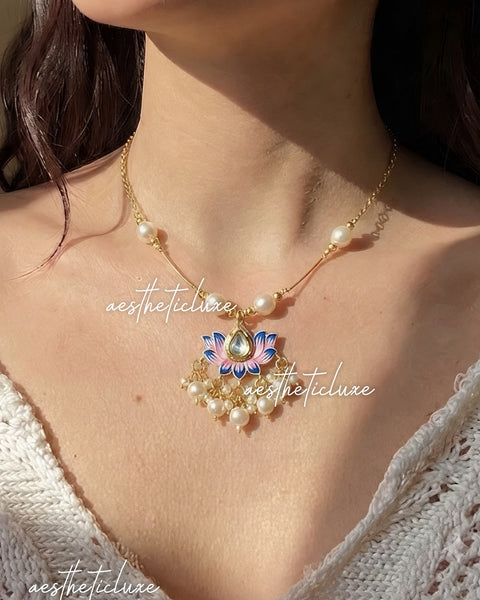 Pink Blue Lotus Kundan Pendant Necklace | Pearl Lotus Minimal Necklace | Indian Ethnic Floral Jewelry | Traditional Gift for Her