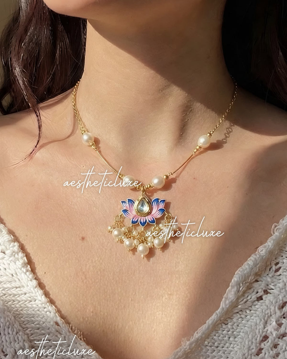 Pink Blue Lotus Kundan Pendant Necklace | Pearl Lotus Minimal Necklace | Indian Ethnic Floral Jewelry | Traditional Gift for Her