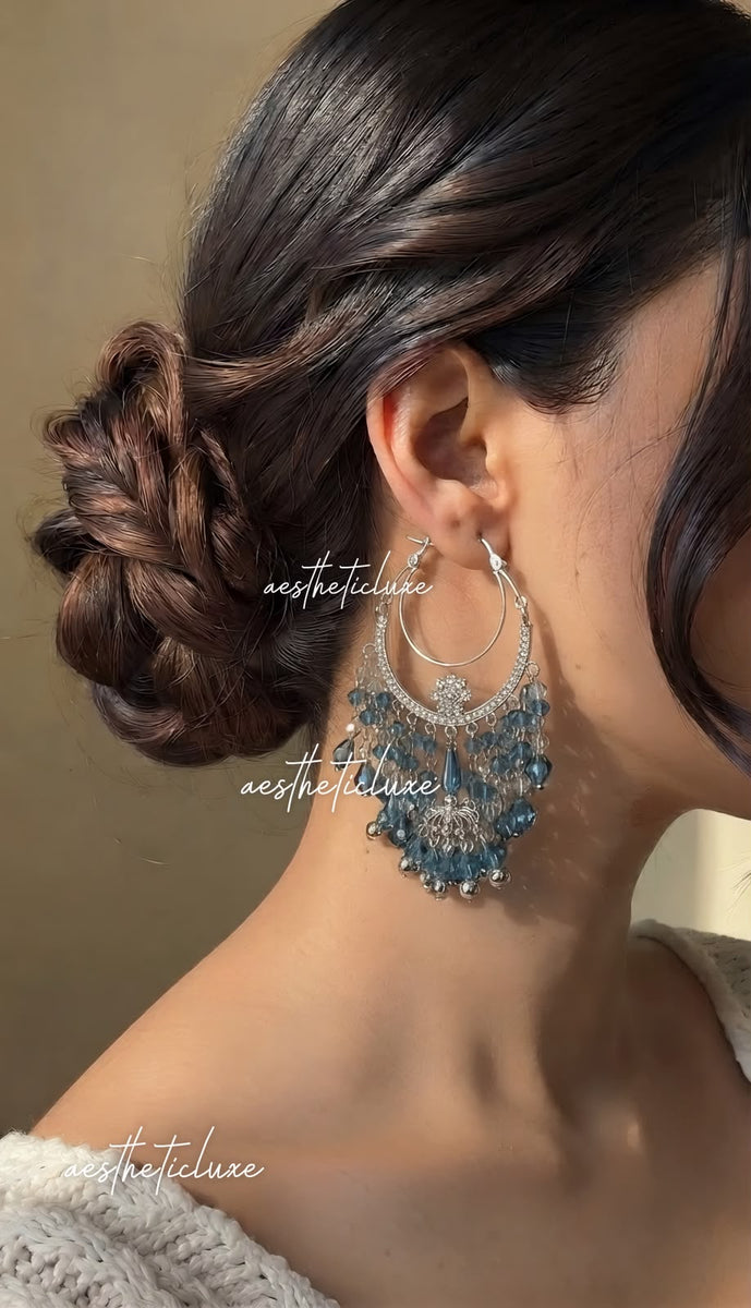 Turquoise Blue Y2K Hoop Earrings | Silver Blue Chandelier Earrings | Handmade Beaded Boho Hoops | Bollywood & Maula Mere Inspired Earrings