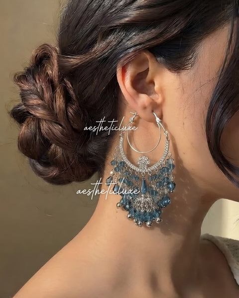 Turquoise Blue Y2K Hoop Earrings | Silver Blue Chandelier Earrings | Handmade Beaded Boho Hoops | Bollywood & Maula Mere Inspired Earrings