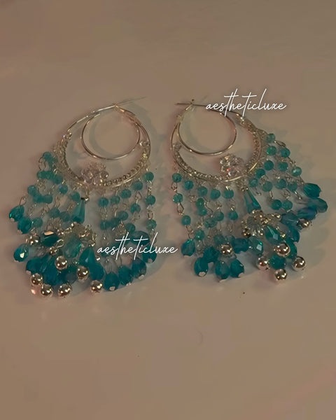 Turquoise Blue Y2K Hoop Earrings | Silver Blue Chandelier Earrings | Handmade Beaded Boho Hoops | Bollywood & Maula Mere Inspired Earrings