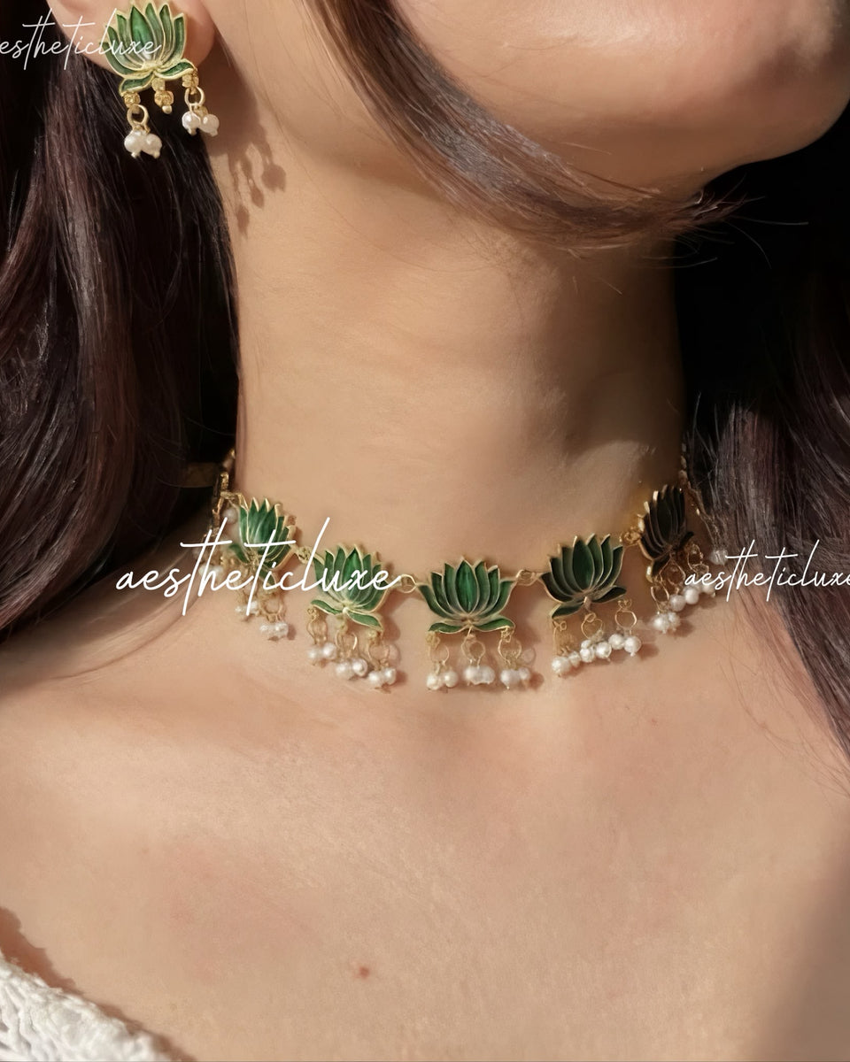 South Indian Temple Jewelry Set | Green Lotus Necklace With Pearl Drops | Antique Gold Bridal Necklace | Minimalist Jewelry | Gift For Her