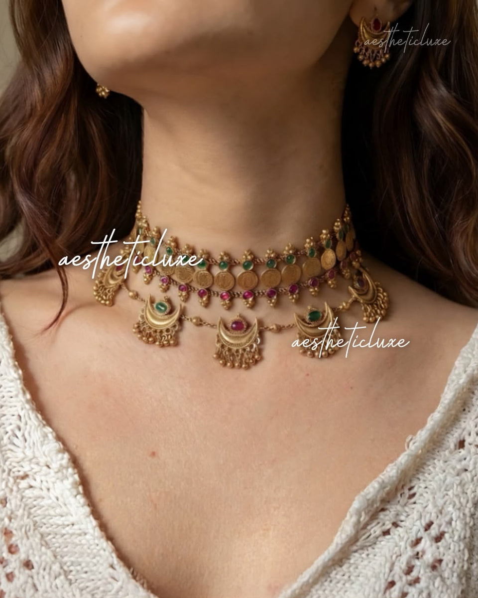 Temple Coin Kasu Choker Set | Chandrakor Moon Necklace & Chand Earrings | South Indian Maharashtrian Bridal Jewelry | Layered Moon Necklace