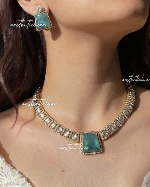 Tyaani Inspired Green Bridal CZ Necklace Set | Emerald Doublet Stone Polki Kundan Gold Plated Wedding Jewelry for Reception & Engagement