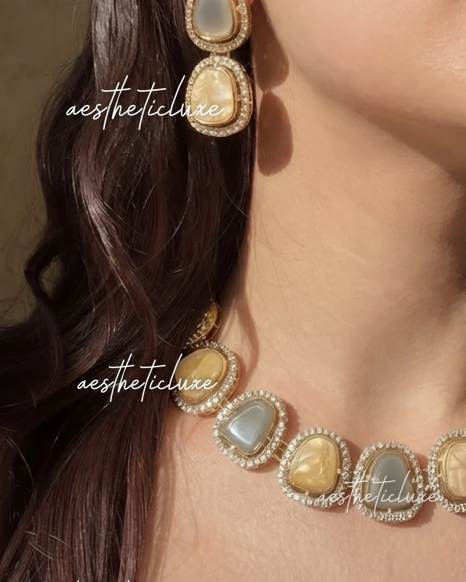 Kundan Polki Choker Set Grey & Gold | Indian Jewelry | CZ Stone Border | Bollywood Style Necklace | Bridal Choker Necklace
