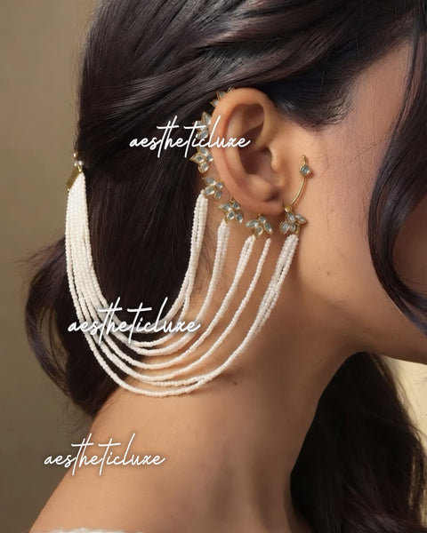 Non Piercing CZ Floral Ear Cuff Sahara Hair Chain | White Pearl Beaded Saharey | Bollywood Inspired Indian Bridal Ear to Bun Chain