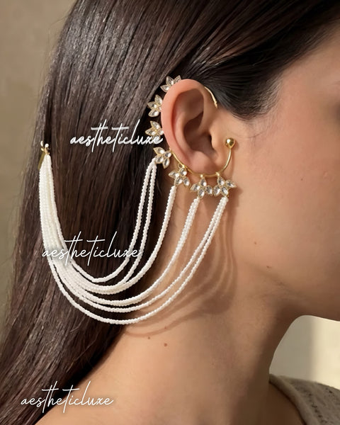 Non Piercing CZ Floral Ear Cuff Sahara Hair Chain | White Pearl Beaded Saharey | Bollywood Inspired Indian Bridal Ear to Bun Chain