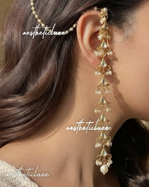 Pearl Kundan Ear Chain | Long Kundan Earrings | Indian Bridal Sahara Hair Chain | Gold Ear to Bun Chain | Wedding Jewelry