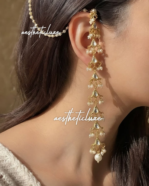 Pearl Kundan Ear Chain | Long Kundan Earrings | Indian Bridal Sahara Hair Chain | Gold Ear to Bun Chain | Wedding Jewelry