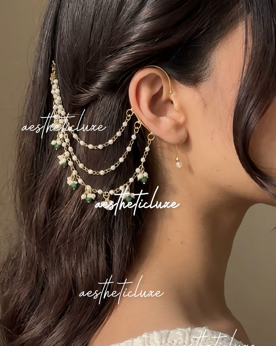 Non Piercing Pearl Ear CuffS Sahara Hair Chain | Green Beaded Saharey | Indian Bridal Ear to Bun Chain Accessory | Wedding Hair Jewelry Sets