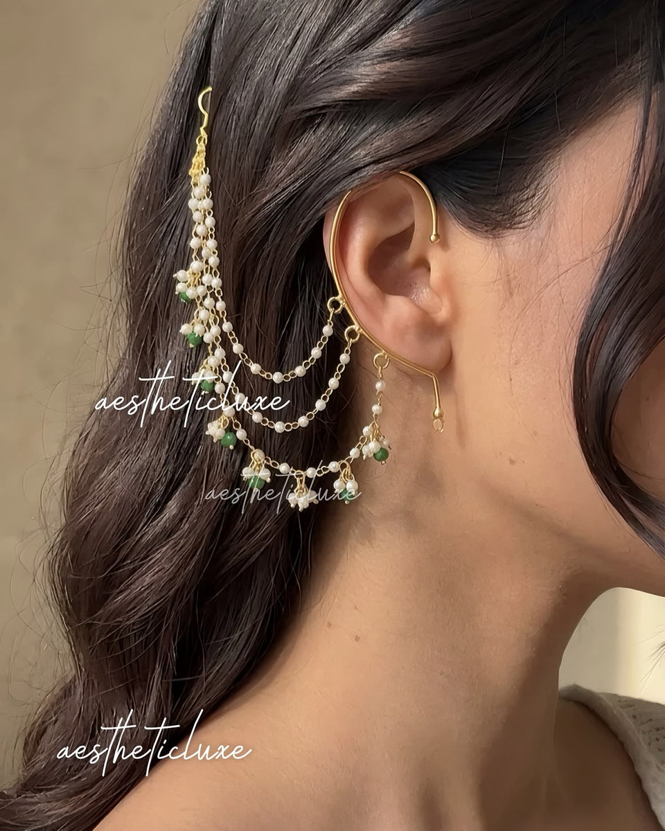 Non Piercing Pearl Ear CuffS Sahara Hair Chain | Green Beaded Saharey | Indian Bridal Ear to Bun Chain Accessory | Wedding Hair Jewelry Sets