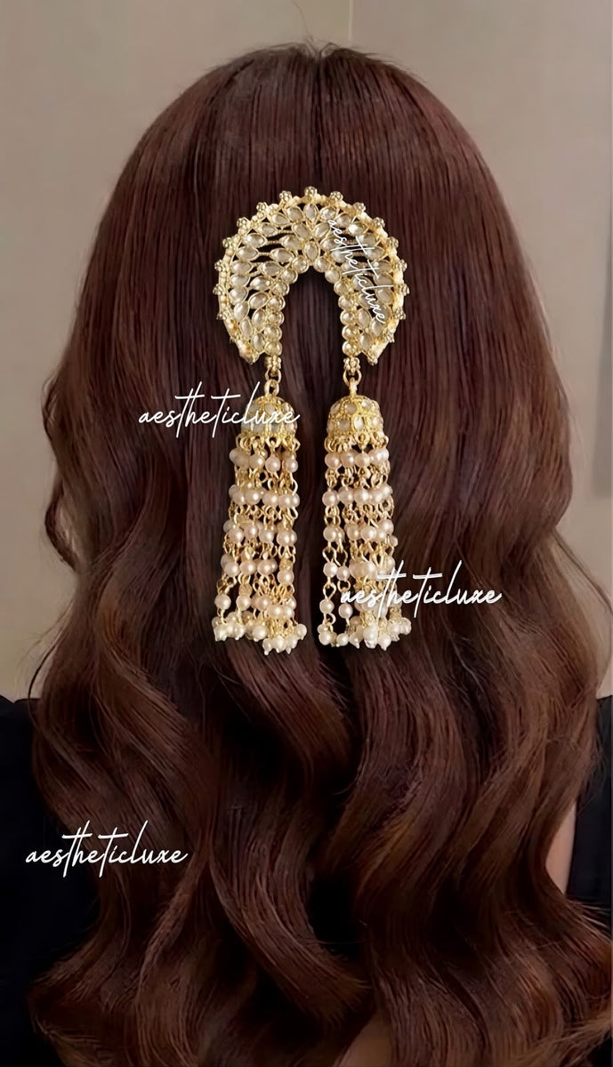 Kundan Pearl Tassel Hair Clip | Indian Bridal Jhoomar Hair Accessory | Bahubali Bun Clip | Wedding Hair Jewelry | Golden Bridal Headpiece