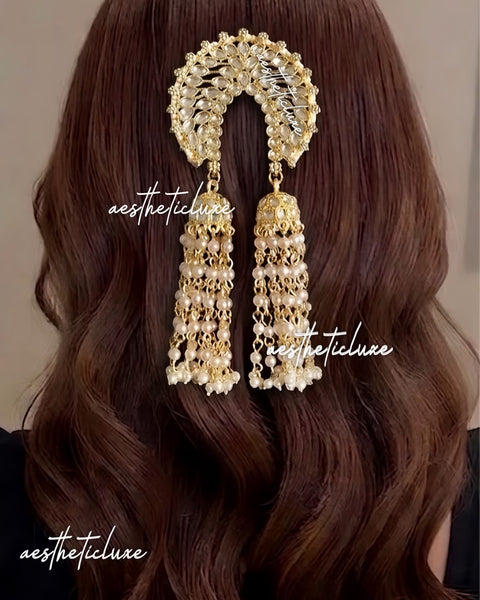 Kundan Pearl Tassel Hair Clip | Indian Bridal Jhoomar Hair Accessory | Bahubali Bun Clip | Wedding Hair Jewelry | Golden Bridal Headpiece