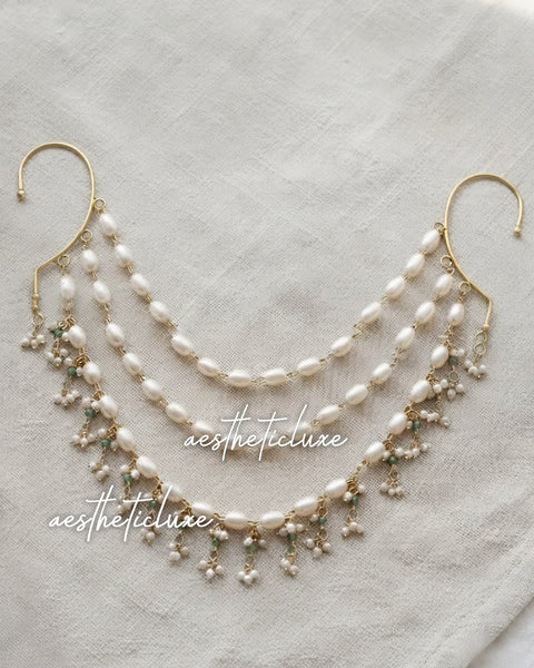 Non Piercing Pearl Ear Chain | Double Ear Cuff | Layered Pearl Ear Wrap | Minimalist Indo Western Fusion Jewelry | Statement Ear Harness