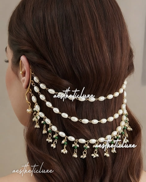 Non Piercing Pearl Ear Chain | Double Ear Cuff | Layered Pearl Ear Wrap | Minimalist Indo Western Fusion Jewelry | Statement Ear Harness