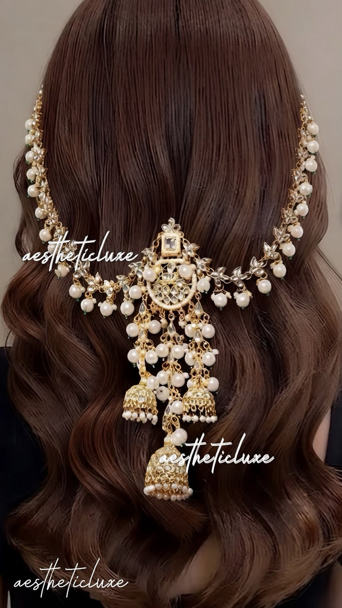 Kundan Pearl Tassel Jhumkas Hair Clip | Indian Bridal Jhoomar Hair Accessory | Bahubali Bun Clip | Wedding Hair Jewelry | Bridal Headpiece