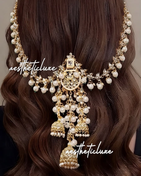 Kundan Pearl Tassel Jhumkas Hair Clip | Indian Bridal Jhoomar Hair Accessory | Bahubali Bun Clip | Wedding Hair Jewelry | Bridal Headpiece
