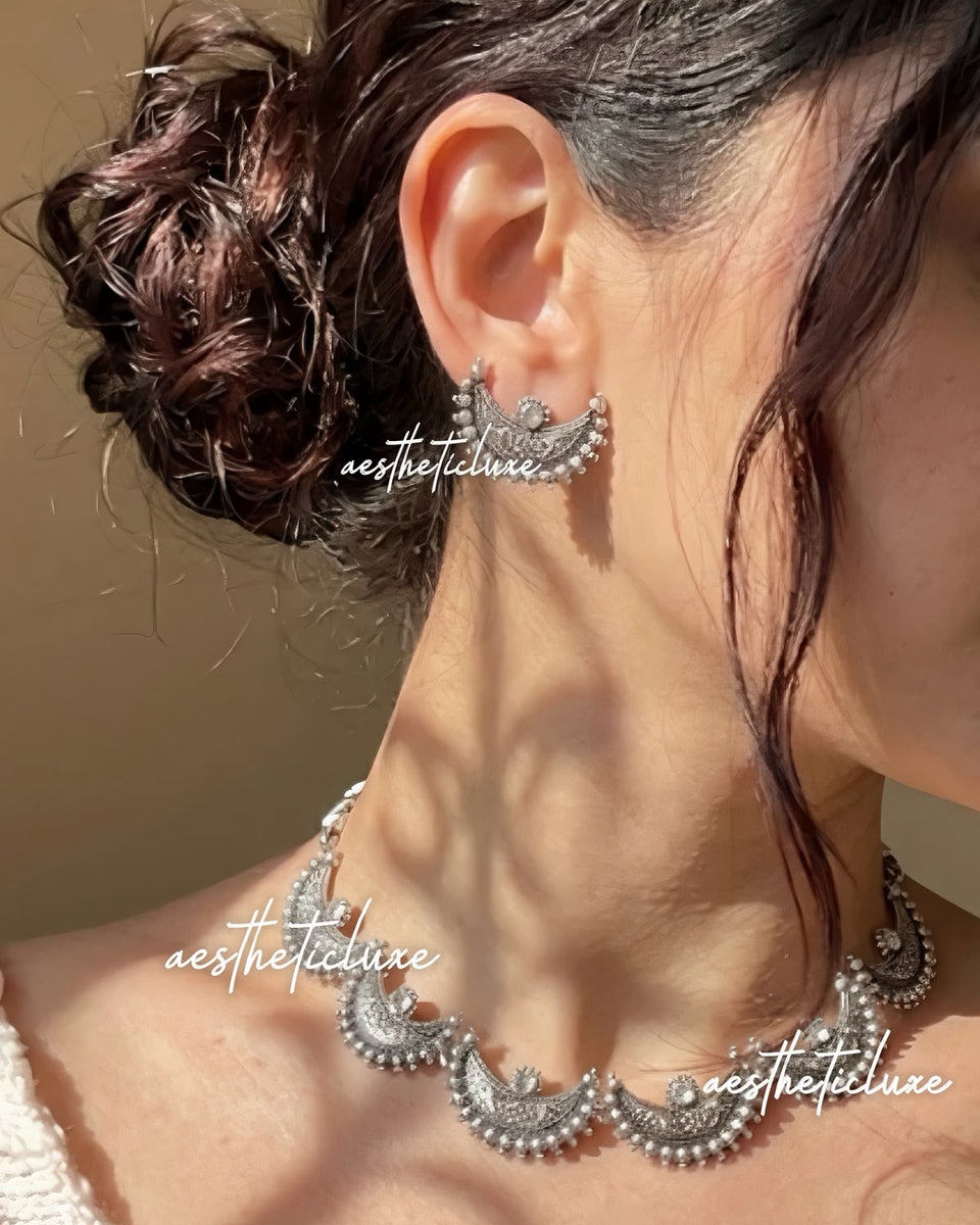 Silver Oxidized Minimal Moon Choker Set | South Indian Chandrakor Necklace & Earrings | Maharashtrian Temple Bridal Jewelry for Women