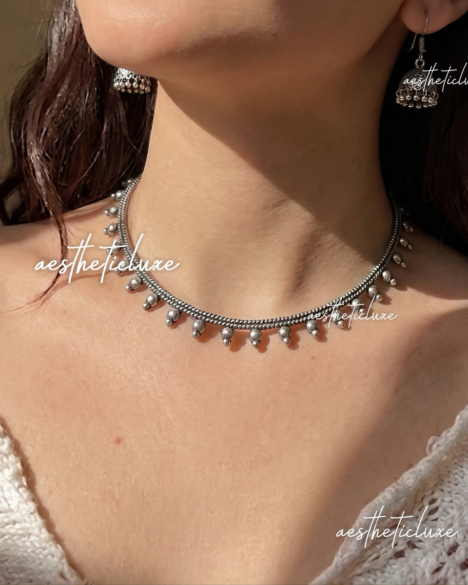 Oxidized Silver Ghungroo Choker Necklace Set | Indian Tribal Jewelry | Boho Jhumka Earrings | Ethnic Minimal Necklace & Silver Mini Jhumkas