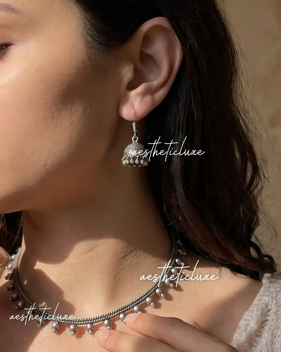 Oxidized Silver Ghungroo Choker Necklace Set | Indian Tribal Jewelry | Boho Jhumka Earrings | Ethnic Minimal Necklace & Silver Mini Jhumkas