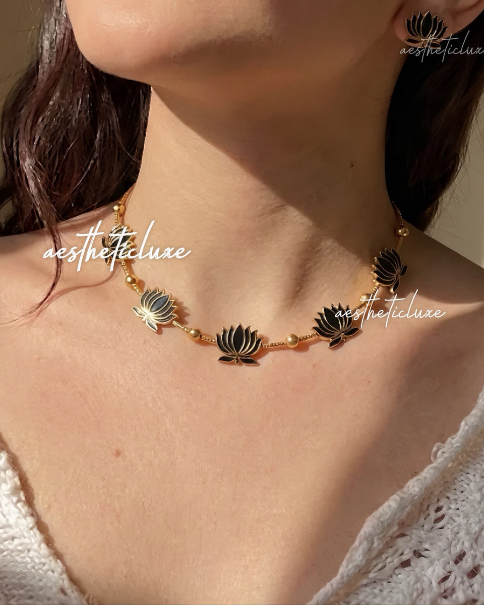 Black Lotus Necklace & Earrings Set | Gold Minimal Indian Jewelry | Daily Wear Floral Jewelry | South Indian Ethnic Gift for Women