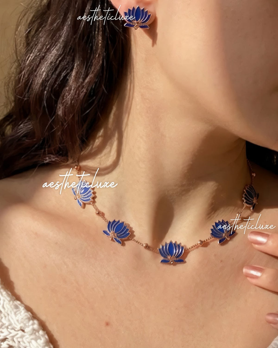Royal Blue Lotus Necklace & Earrings Set | Gold Minimal Indian Jewelry | Daily Wear Floral Jewelry | South Indian Ethnic Gift for Women