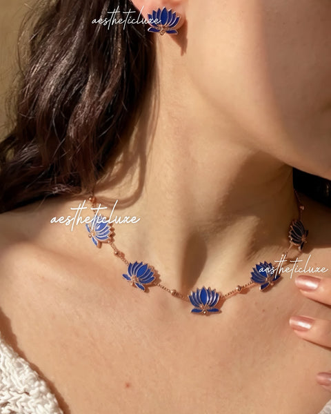 Royal Blue Lotus Necklace & Earrings Set | Gold Minimal Indian Jewelry | Daily Wear Floral Jewelry | South Indian Ethnic Gift for Women