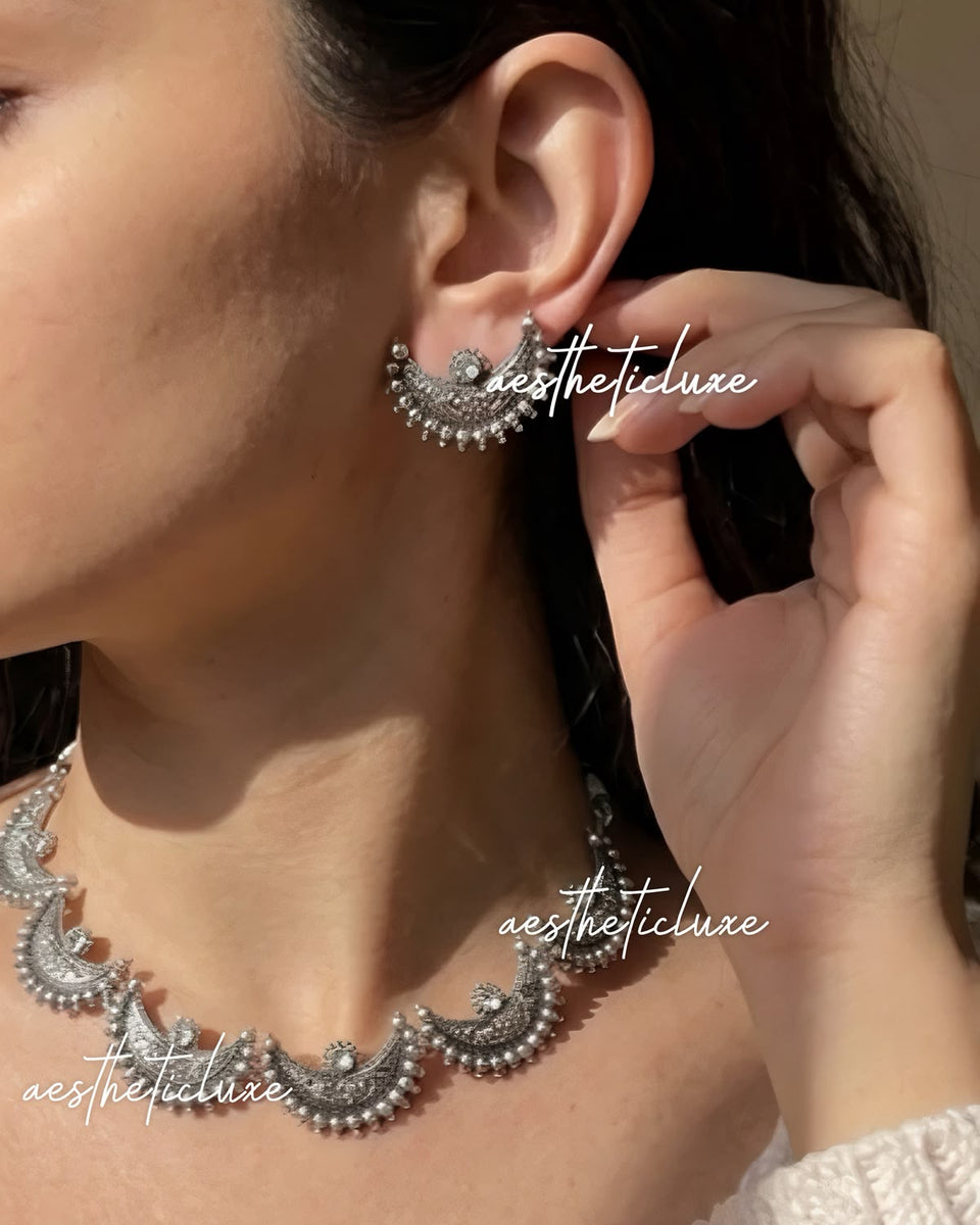 Silver Oxidized Minimal Moon Choker Set | South Indian Chandrakor Necklace & Earrings | Maharashtrian Temple Bridal Jewelry for Women