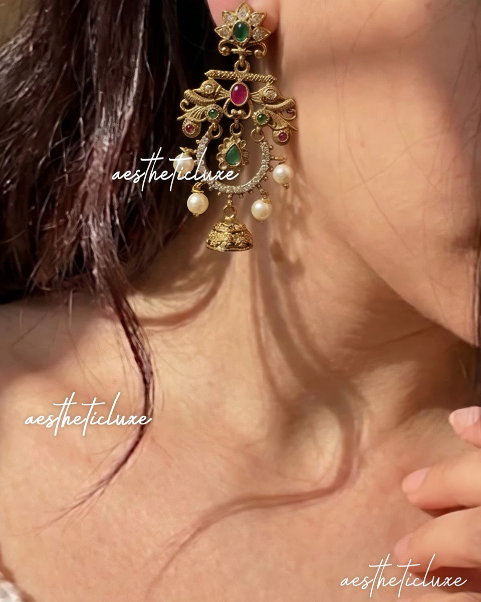 Antique Gold Peacock Chandelier Jhumka Earrings | Ruby Green Kemp Stone Chandbali | Pearl Temple Jewelry | Indian Bridal Earrings