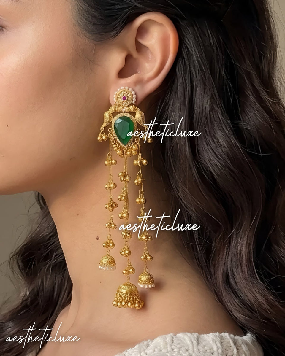 Kashmiri Green Emerald Earrings | Gold-Tone Kundan Indian Bridal Polki Jewelry | Sangeet Bride Earrings