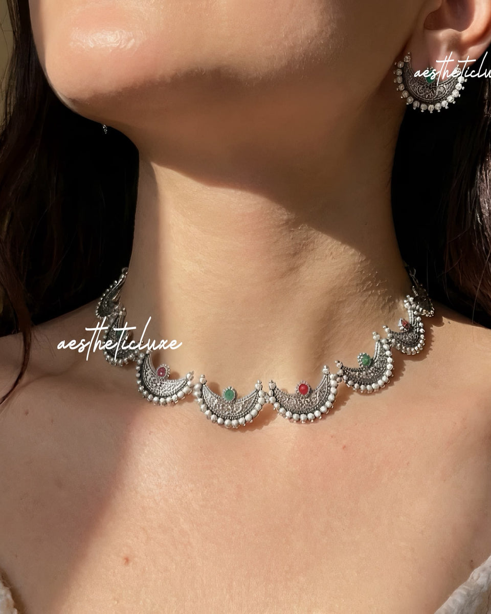 Moon Choker Necklace Set | South Indian Silver Oxidized Choker | Maharashtrian Chandrakor Necklace & Earring | Bridal Set | Temple Jewelry