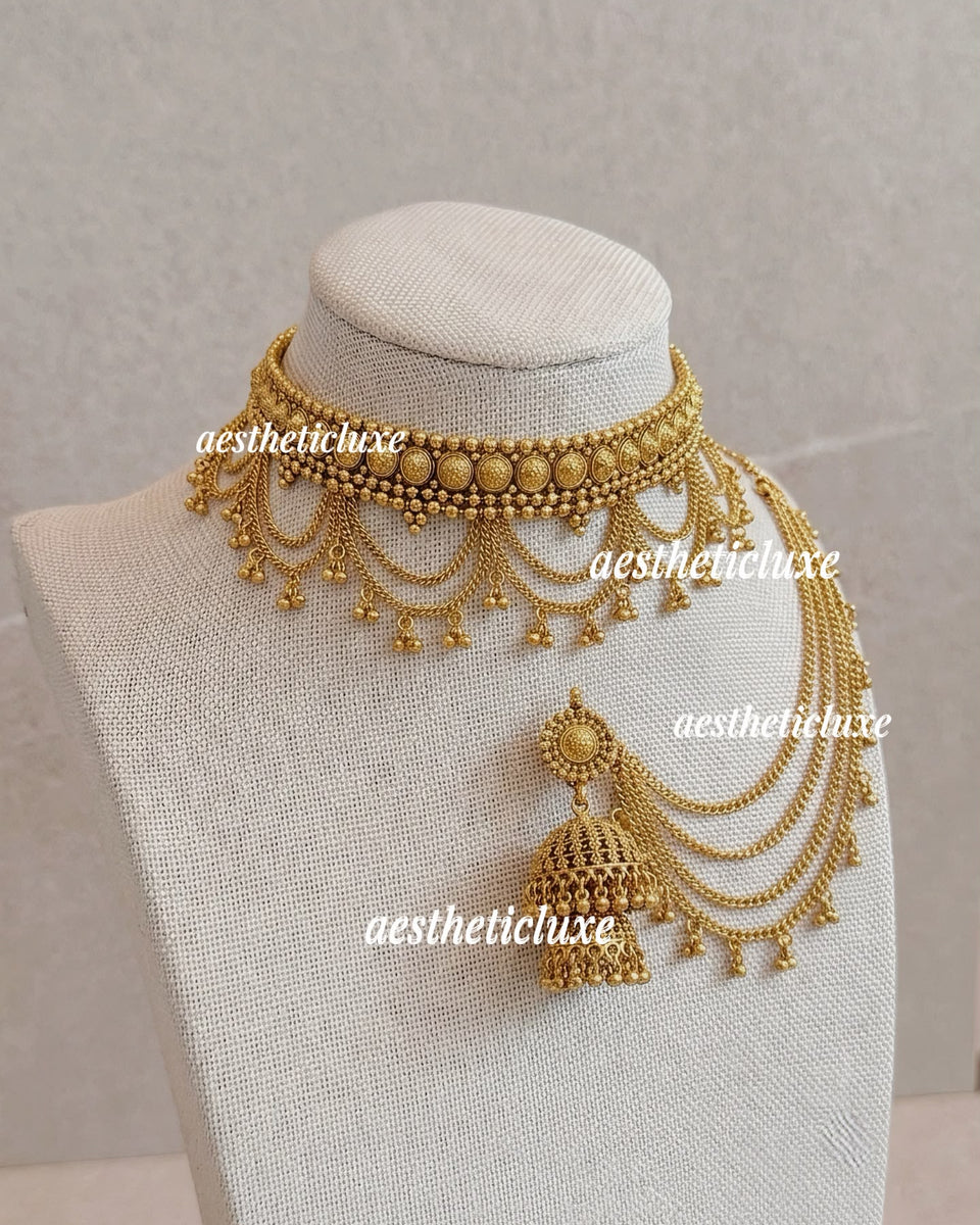 Gold Plated Chatai Choker Set | Dainty Bridal Layered Necklace & Bahubali Jhumka Earrings | Heritage Indian Wedding Jewelry Set