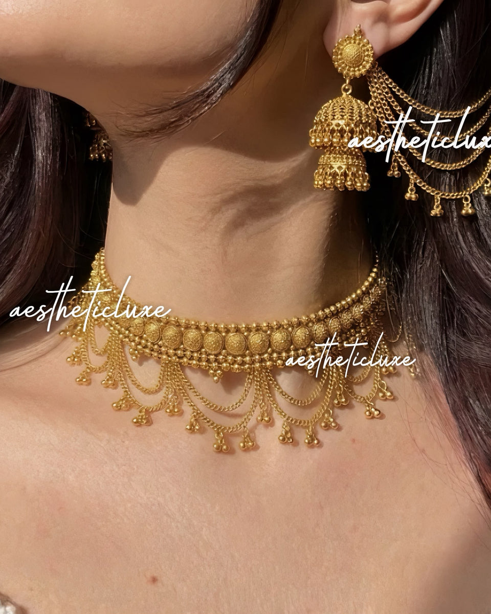 Gold Plated Chatai Choker Set | Dainty Bridal Layered Necklace & Bahubali Jhumka Earrings | Heritage Indian Wedding Jewelry Set