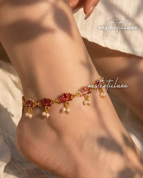 Red Lotus Pearl Payal | South Indian Temple Anklet | Gold Plated Indian Bridal Red Floral Payal | Traditional Wedding Anklet | Gift for Her