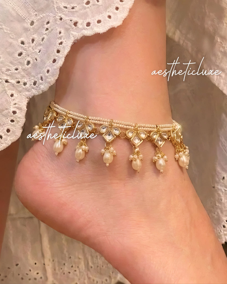 Kundan Pearl Payal Set | Indian Bridal Anklets | Maharani Gold Plated Payal | Traditional Wedding Anklet with Pearl Drops | Gift for Her