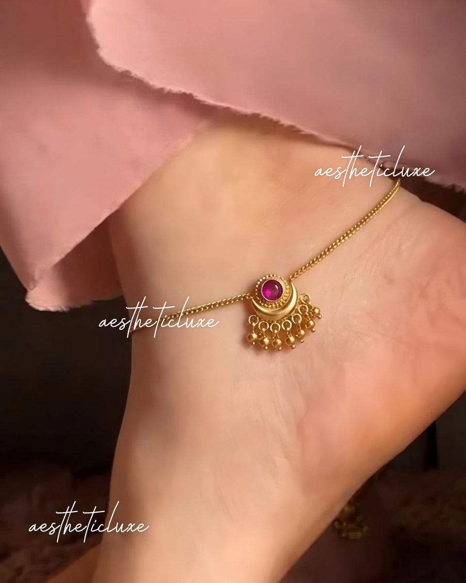 Rani Pink Payal | South Indian Temple Anklet | Minimalist Payal | Gold Plated Bridal Payal | Ruby Pink Enamel Stone Ankle Set | Gift for Her