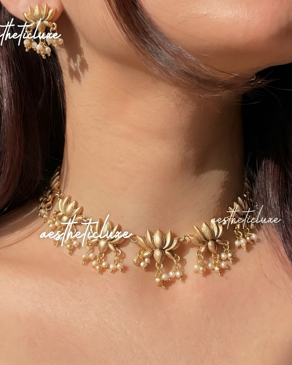 Golden Lotus Necklace & Earrings Set | White Pearl Beaded Jewelry | Gold Minimal Indian Jewelry | South Indian Ethnic Jewelry | Gift for Her