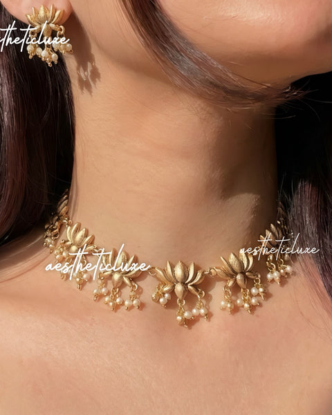 Golden Lotus Necklace & Earrings Set | White Pearl Beaded Jewelry | Gold Minimal Indian Jewelry | South Indian Ethnic Jewelry | Gift for Her