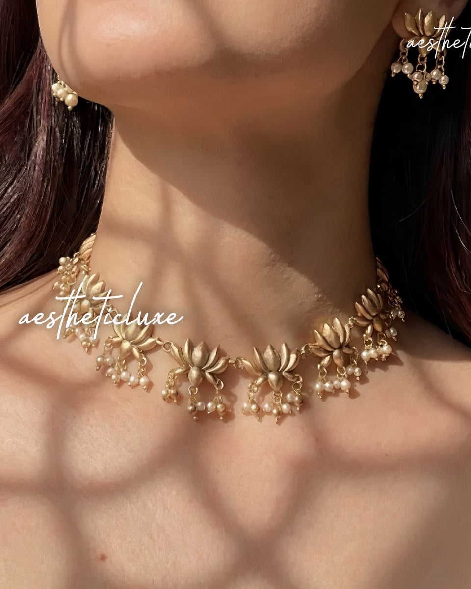 Golden Lotus Necklace & Earrings Set | White Pearl Beaded Jewelry | Gold Minimal Indian Jewelry | South Indian Ethnic Jewelry | Gift for Her