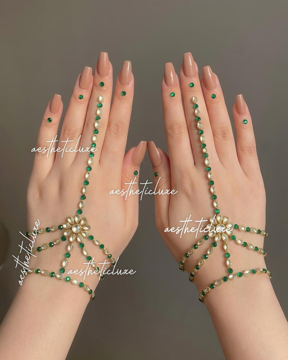 Kundan Mehndi for Hand | Reusable Handmade Indian Bridal Minimalist Hand Henna Jewelry for Mehndi, Sangeet  | Green White Mirror Beads
