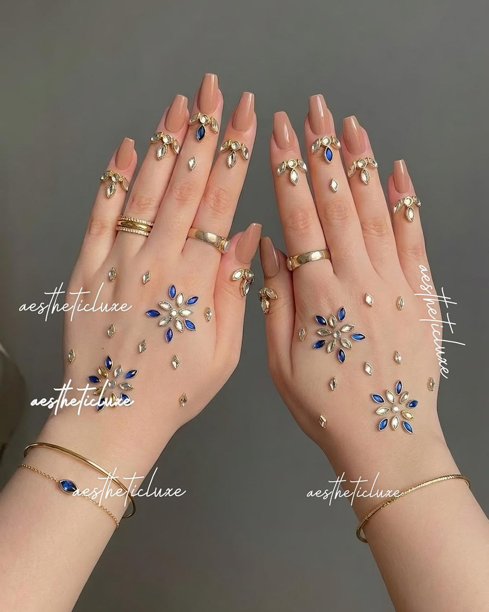 Kundan Mehndi for Hand | Reusable Handmade Indian Bridal Minimalist Hand Henna Jewelry for Mehndi, Sangeet  | Blue White Mirror Beads