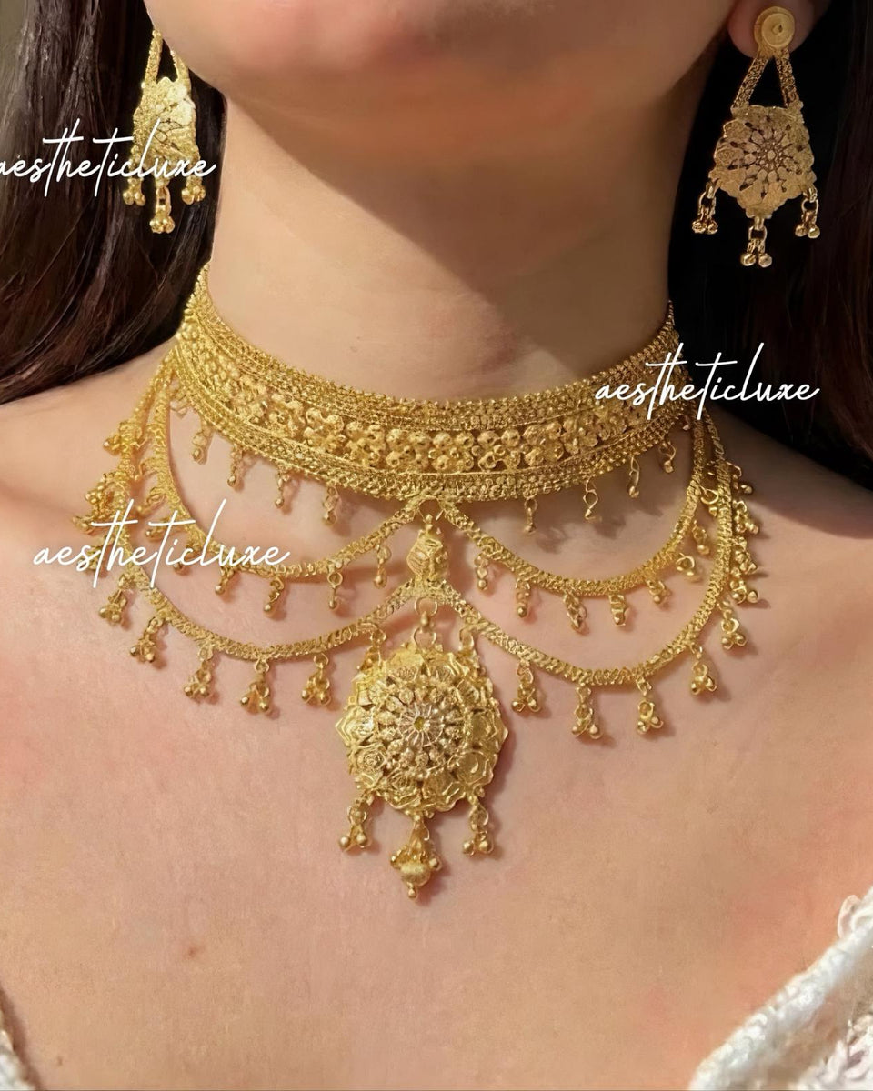 Gold Plated Chatai Choker Set | Dainty Bridal Layered Necklace & Earrings | Heritage Indian Bridal Jewelry Set | Antique Gold Polish