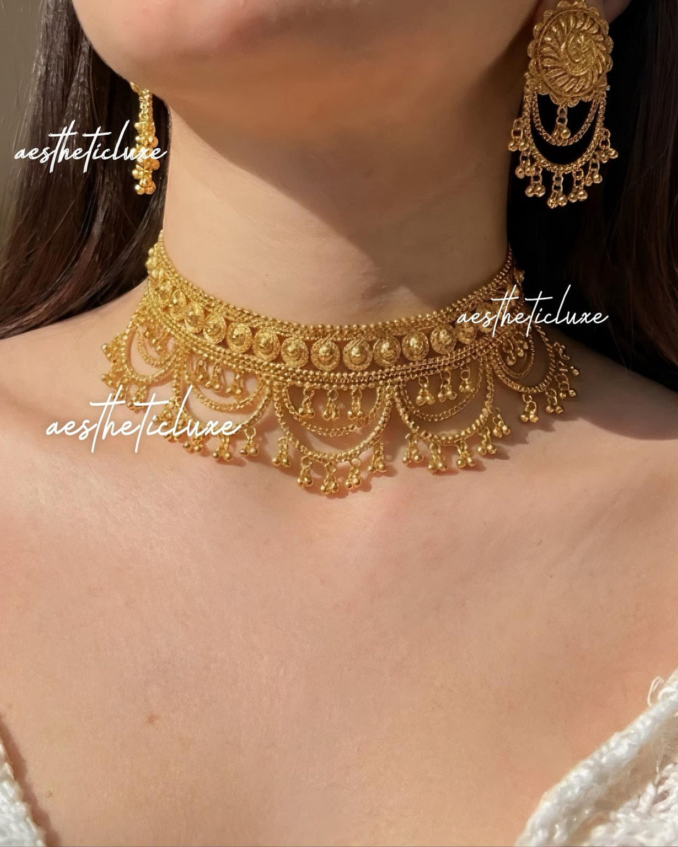 Gold Plated Chatai Choker Set | Dainty Bridal Layered Necklace & Floral Earrings | Heritage Indian Jewelry | Antique Gold Polish