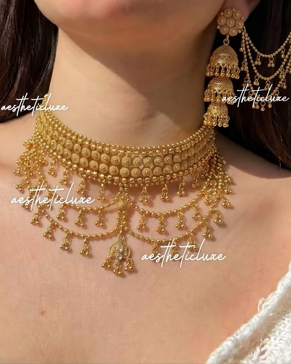 Gold Plated Chatai Choker Set | Dainty Bridal Layered Necklace & Bahubali Jhumka Earrings | Heritage Indian Jewelry | Antique Gold Polish